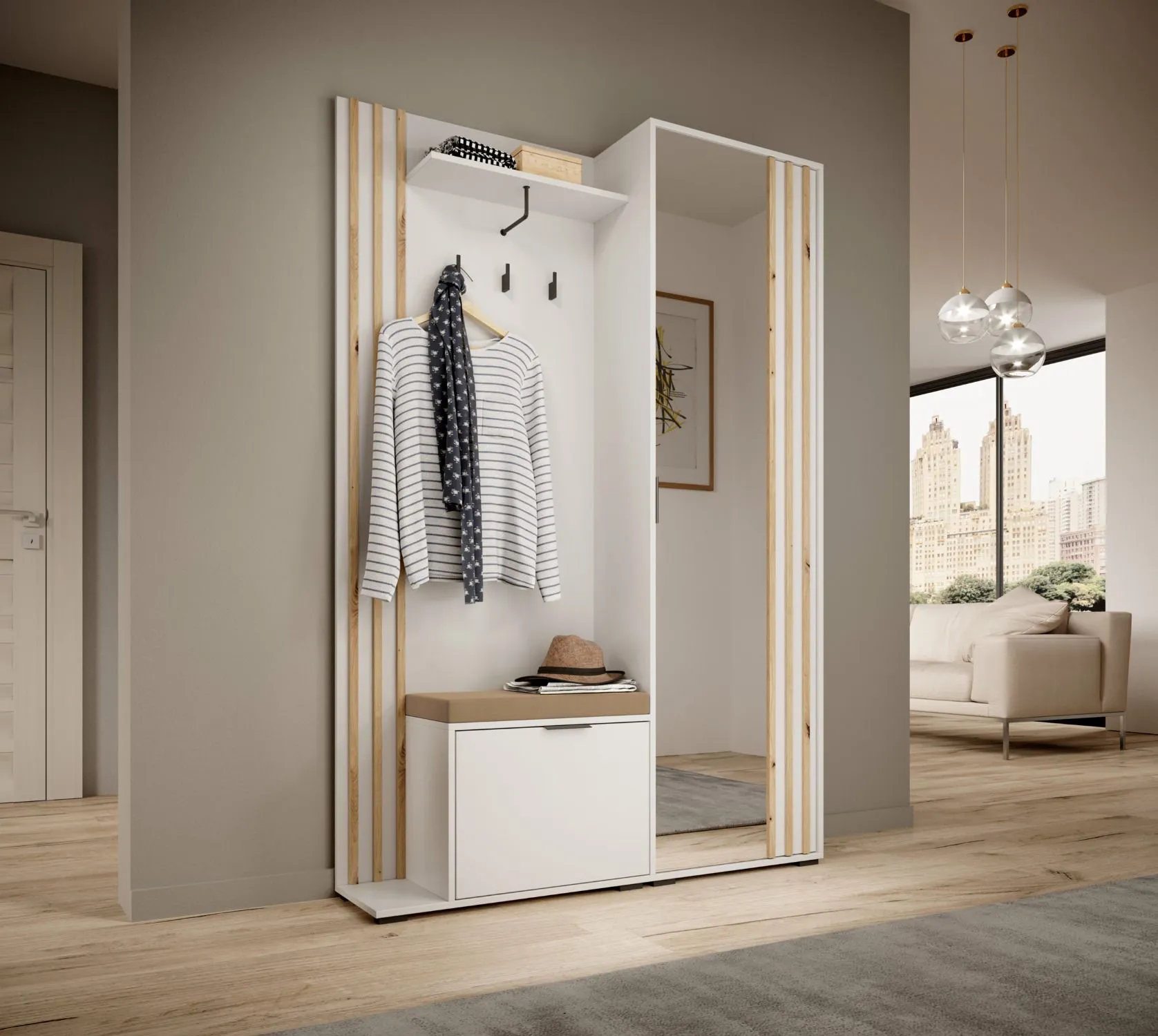 Schlichte Garderobe mit Spiegeltür Leeds 02, Farbe: Weiß / Eiche Artisan