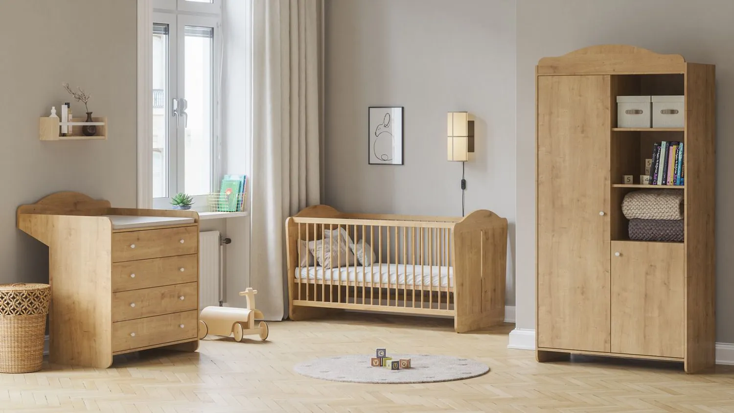 Kinderzimmer Komplett Set A Mille | 3-teilig | Farbe: Eiche | Soft-Close-Funktion | ABS-Kanten | Wickelkommode