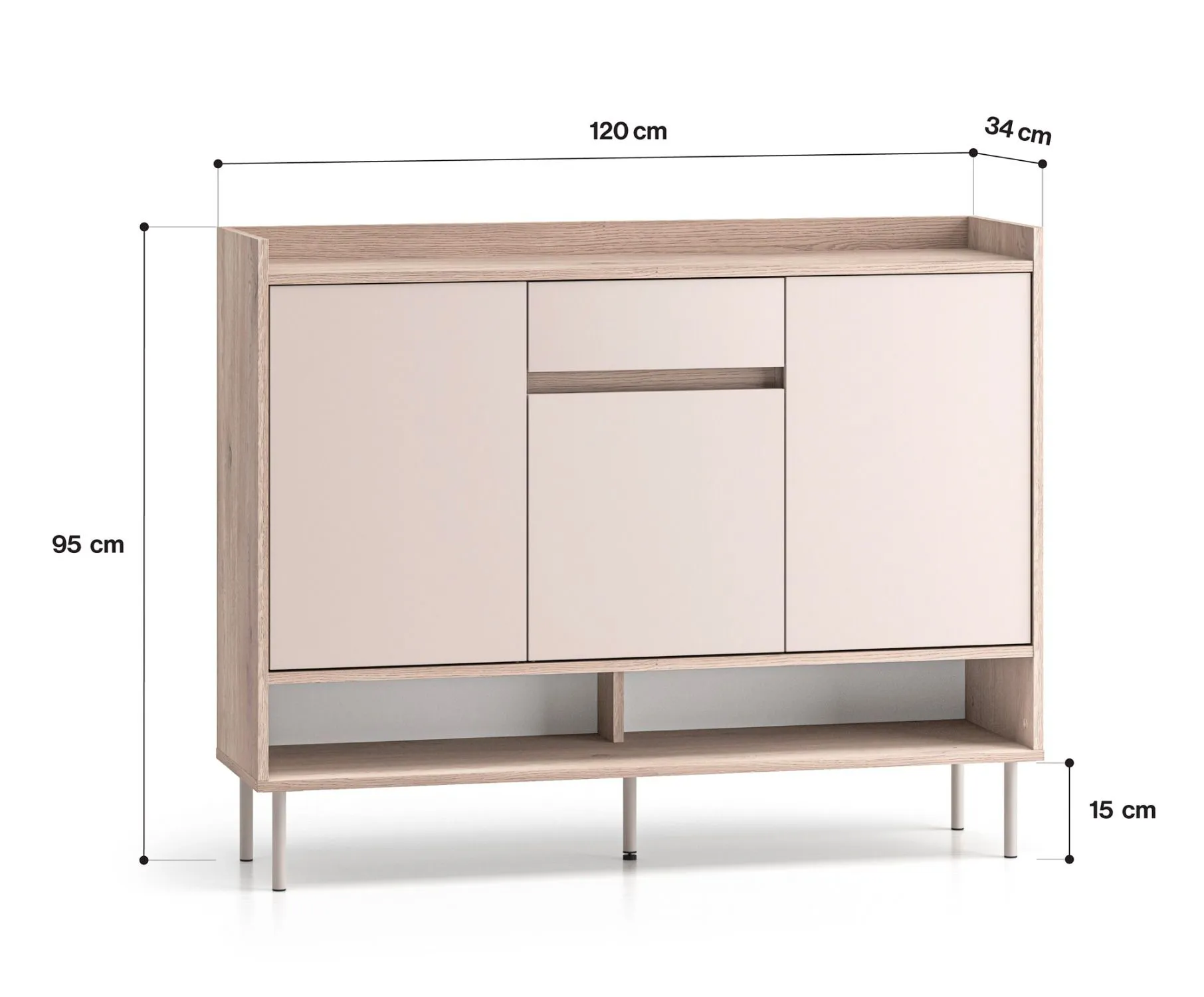 Kommode | drei Türen | Maße: 120 x 34 x 95 cm | Sideboard | Eiche Cremona / Kaschmir | Soft-Close-Funktion | 1 Schublade | 9 Fächer
