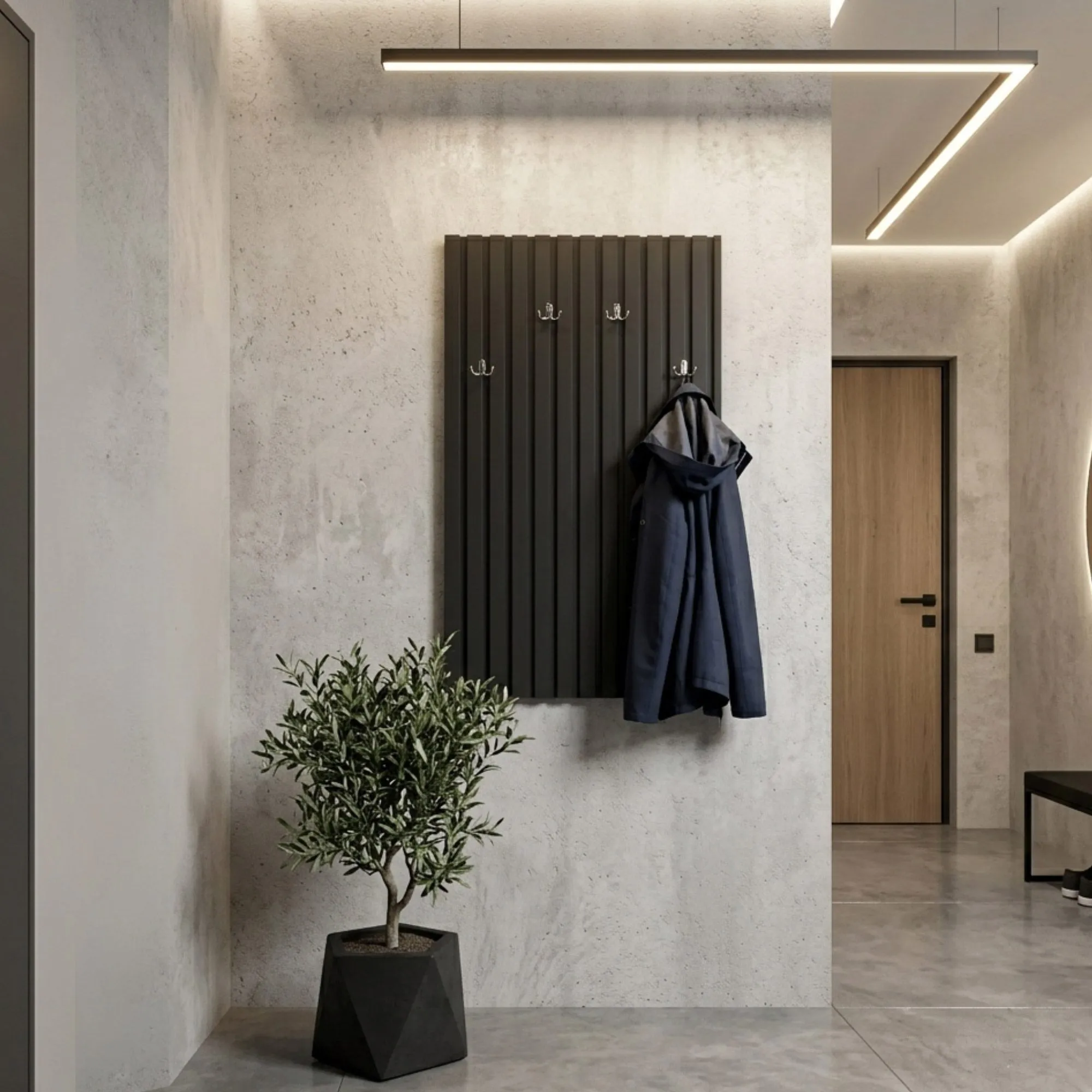 Garderobe mit 4 Metallhaken, schwarze Lamellen, 110 x 67 x 4 cm, schlicht und modern, hochwertig verarbeitet, gut kombinierbar