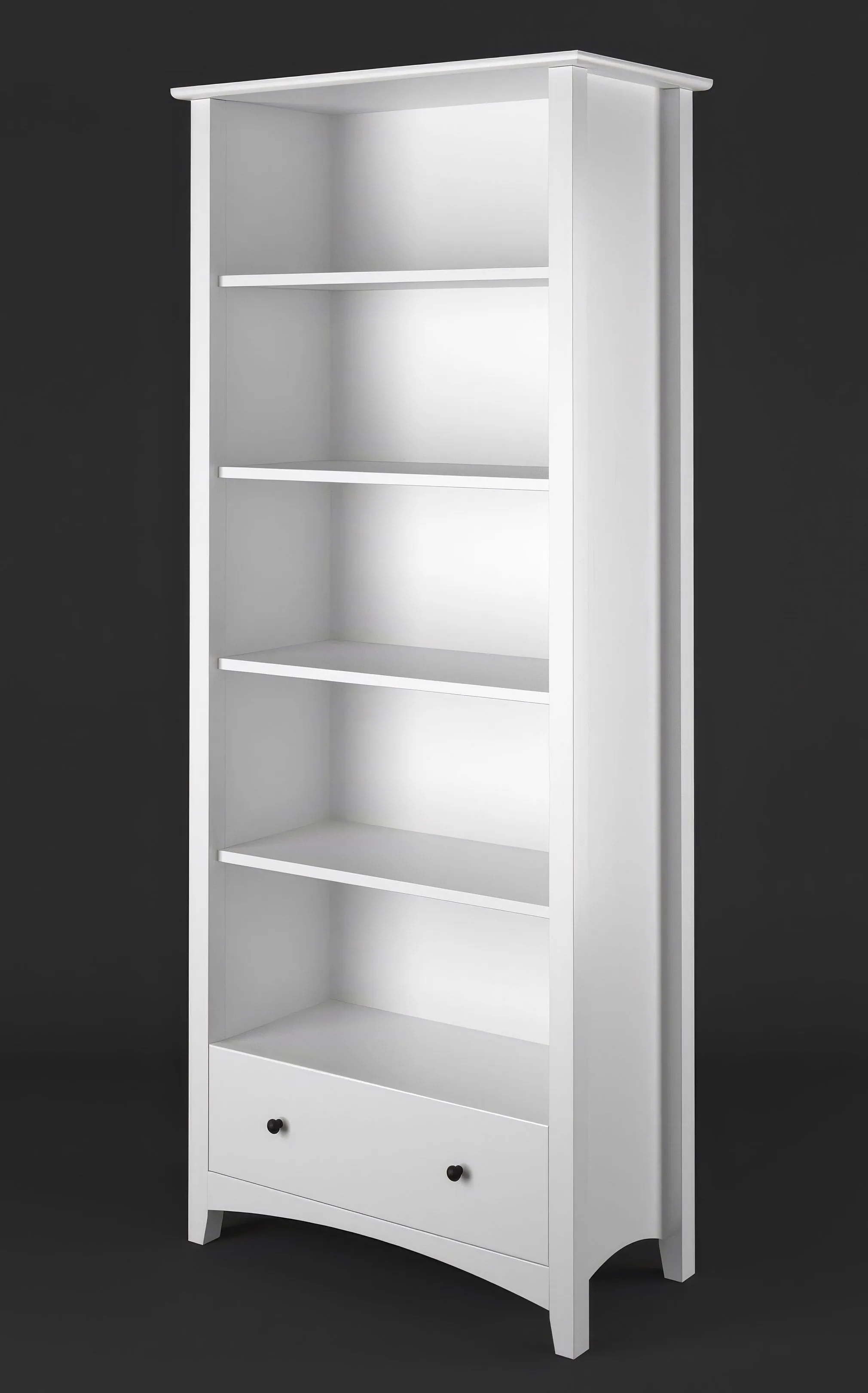 Weißes schmales Bücherregal mit 5 Fächern Lagopus 102, Kiefer Vollholz, 1 Schublade, 200 x 60 x 42 cm, schwarze Griffe, elegantes Design