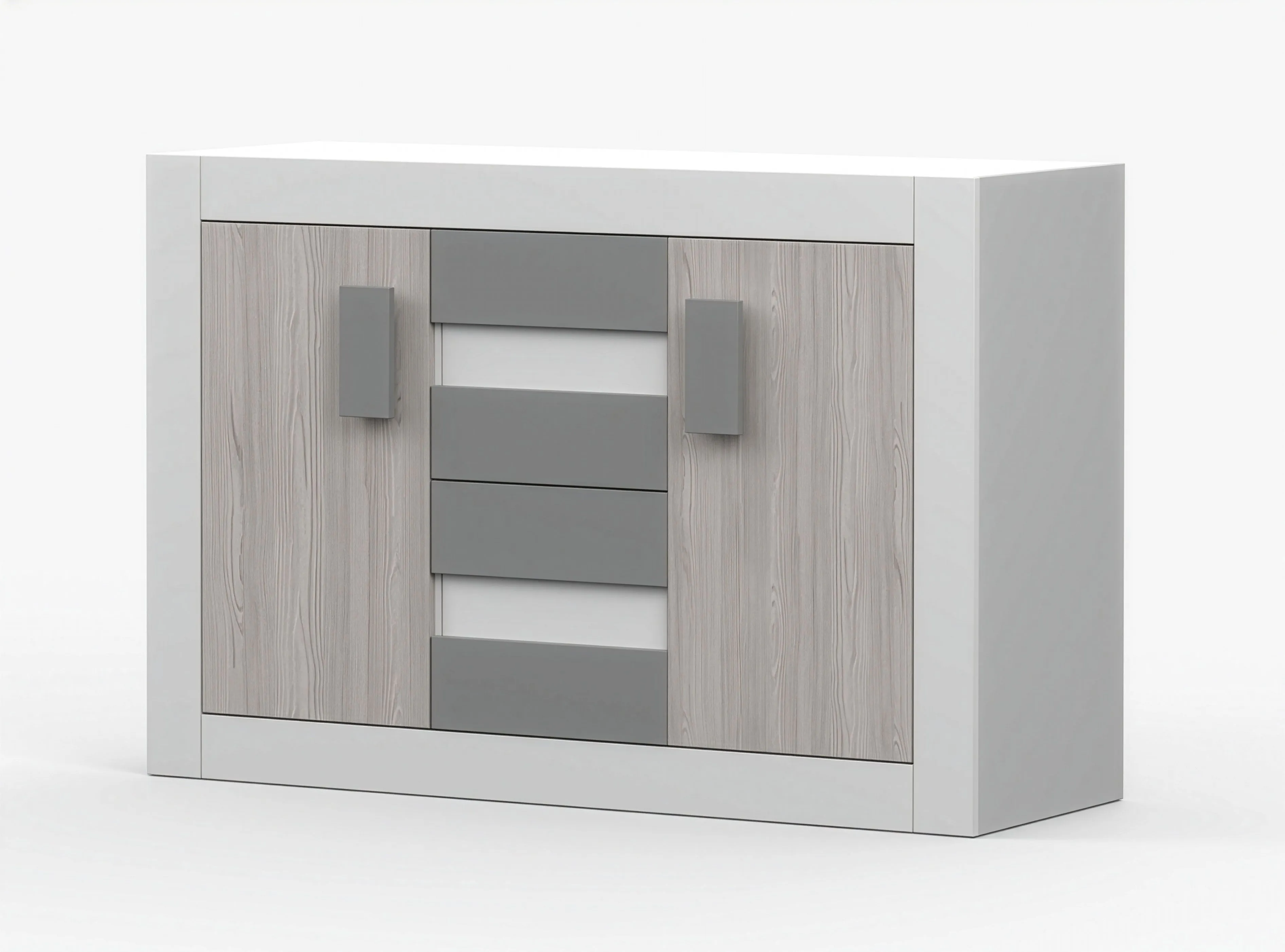 Kommode | Grau / Weiß | Jolais 04 | 96 x 145 x 50 cm | 2 Türen | 4 Schubladen | kratz- und feuchtigkeitsbeständige Platte | Griffe aus Holz