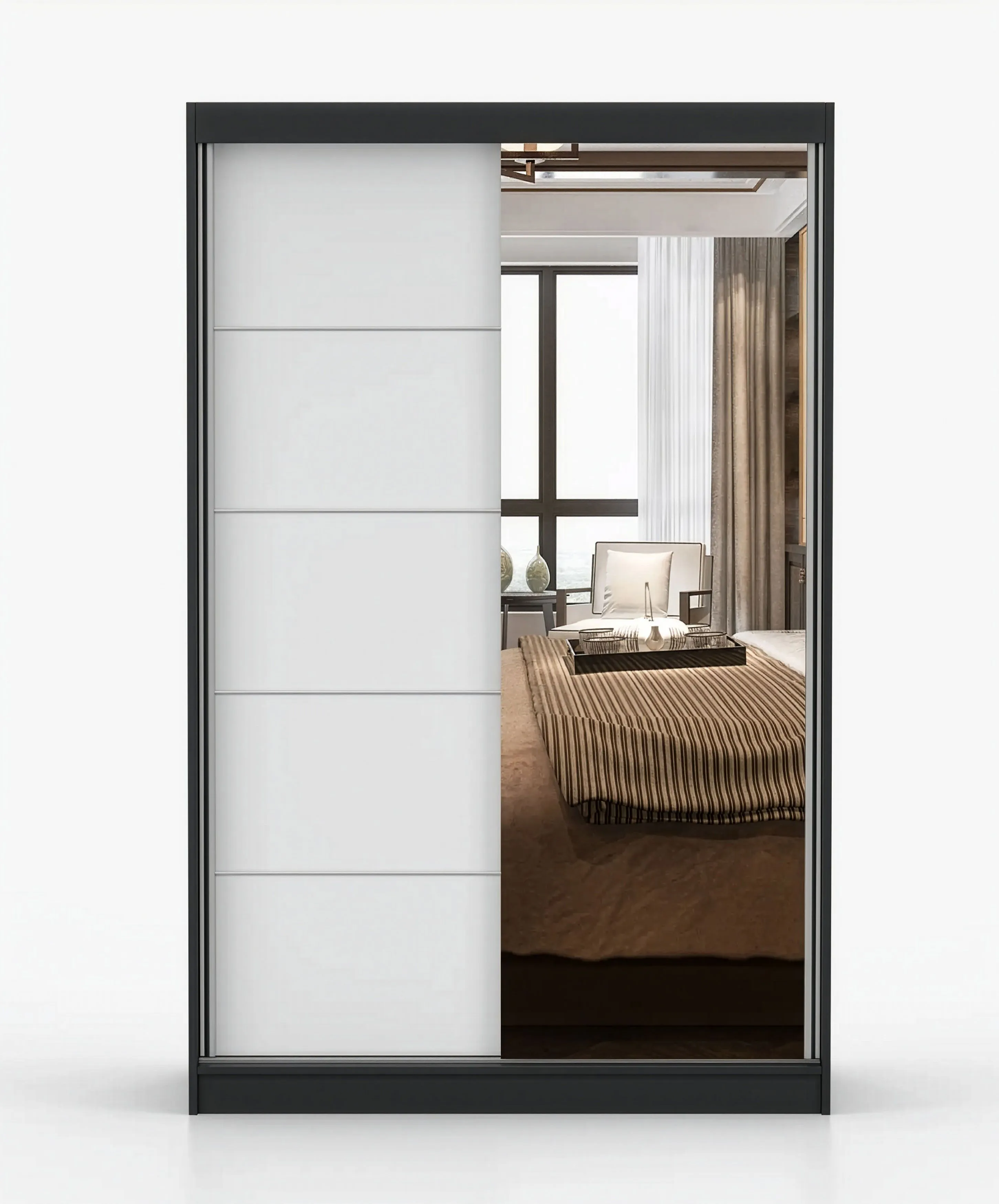 2 Meter hoher Kleiderschrank / Schiebetürenschrank | 200 x 120 x 61 cm | Weiß / Schwarz | Rudawy 03 | 2 Türen | Spiegel | Kleiderstange