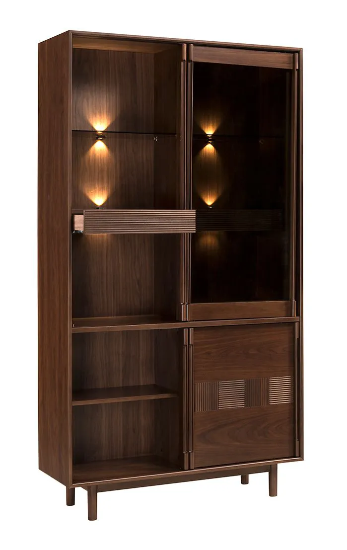 Vitrine Inginele 05 mit viel Platz, inkl. LED-Beleuchtung, 204 x 109 x 43 cm, 2 Schubladen, 6 Einlegeböden, 4 Türen, gehärtetes Glas Antisol braun