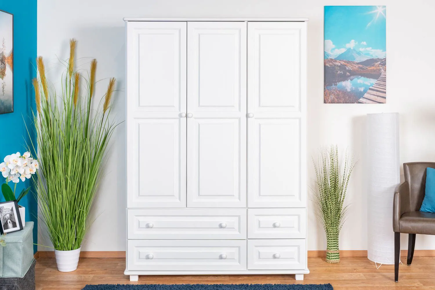 Garderobenschrank Massivholz, Farbe: Weiß 190x133x60 cm