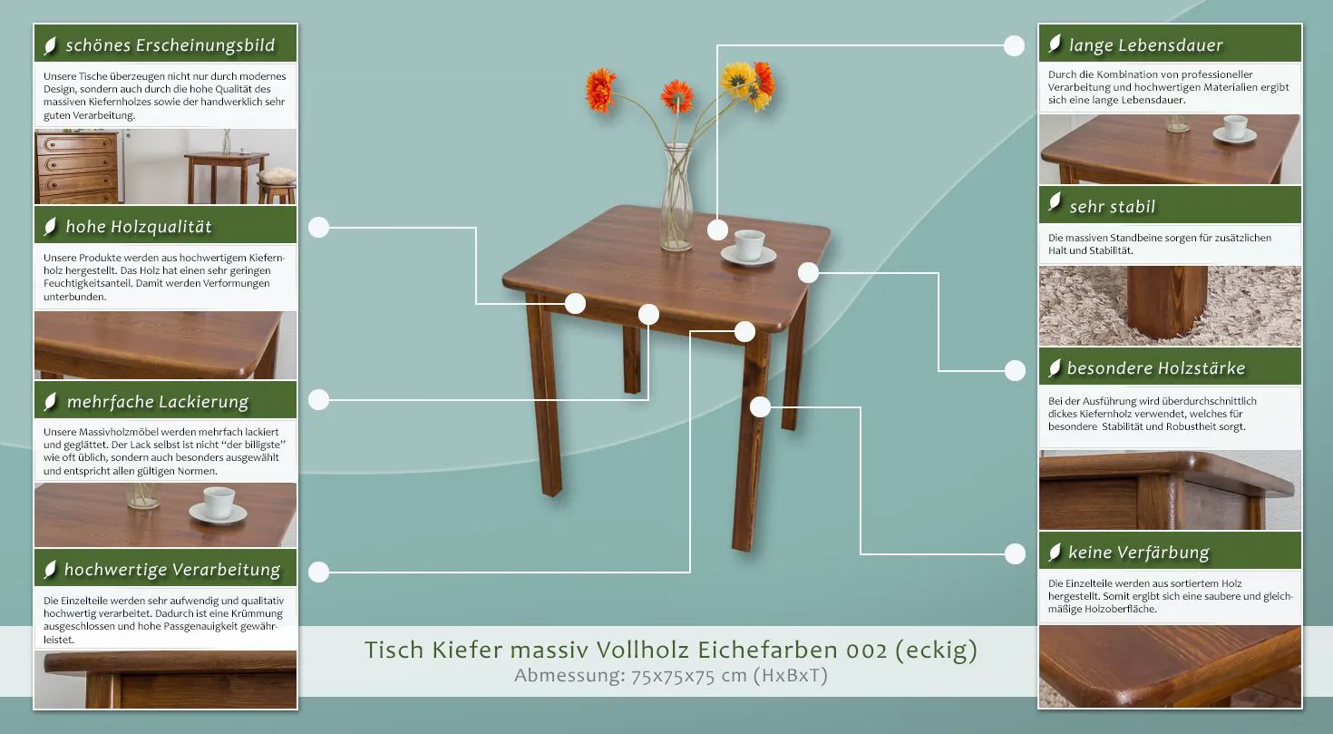 Esszimmertisch Esstisch 75x75 cm, Farbe: Eiche, Höhe (cm) 75, Länge/Tiefe (cm) 75, Breite (cm) 75, Massivholz, Material Kiefer massiv, Farbe Eiche, Esszimmertisch Esstisch 75x75 cm, Farbe: Eiche