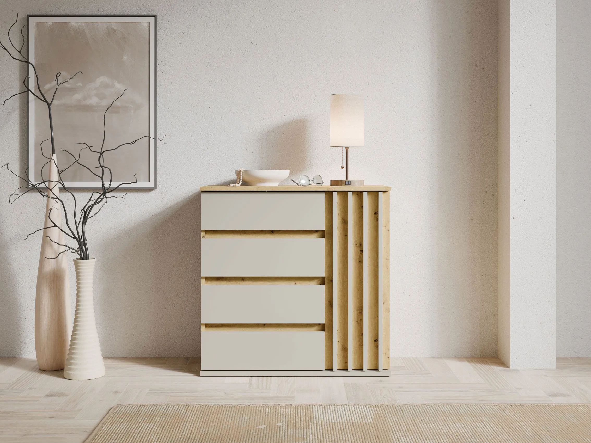 Kommode | 80 x 34 x 80 cm | Eiche Artisan / Beige-Kaschmir | 1 Tür | 4 Schubladen | 2 Fächer