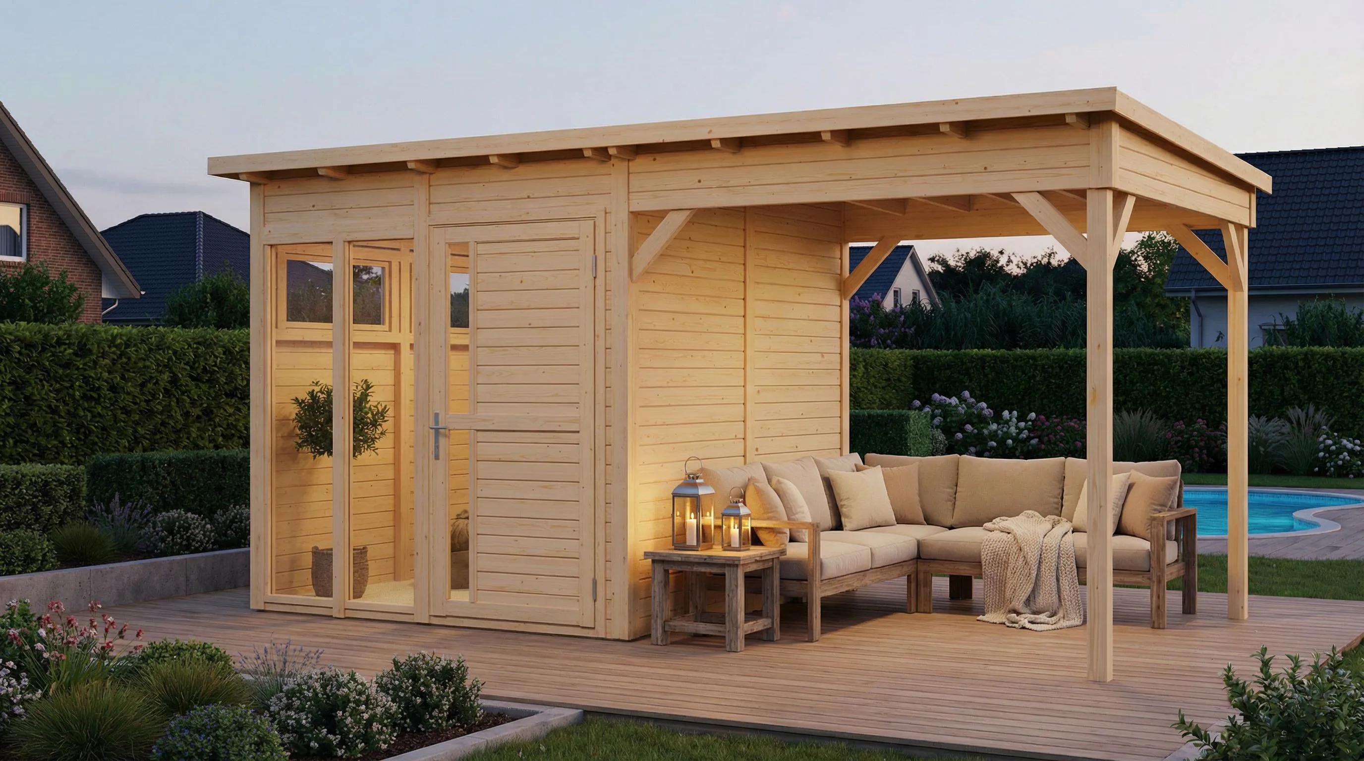 Gartenhaus mit Anbaudach | inkl. Fußboden | Naturbelassen | Elementbauweise | Grundfläche: 10,51 m² | Poolhaus | Flachdach | Sonnenglück 01