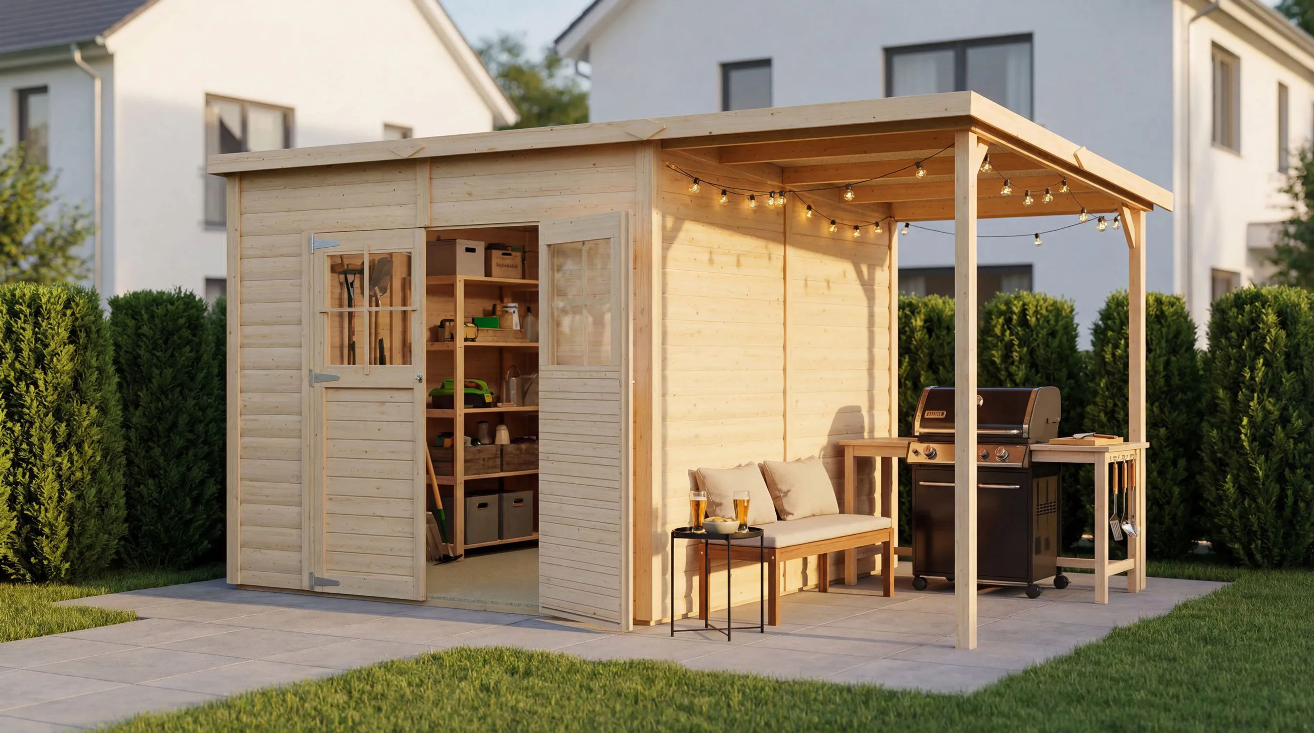 19 mm Elementgartenhaus | 3,84 x 2,39 Meter | Gartenhaus inkl. Anbaudach | Naturbelassen | Gerätehaus | inkl. Fußboden | Flachdach | Mainz 04