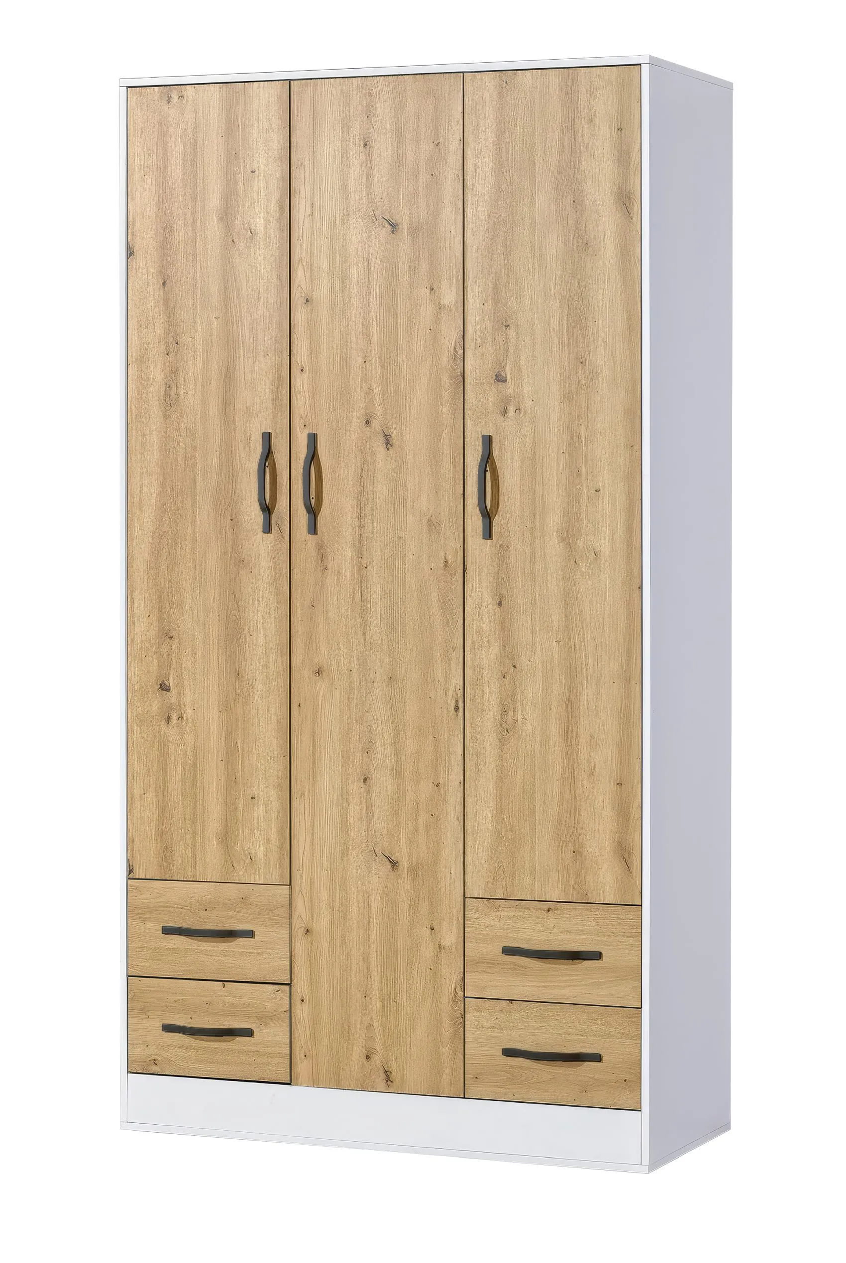 Kleiderschrank | Drehtürenschrank | 3-türig | 120 x 50 x 225 cm | Farbe: Eiche / Weiß / Schwarz | 3 Türen | 4 Schubladen | 11 Fächer
