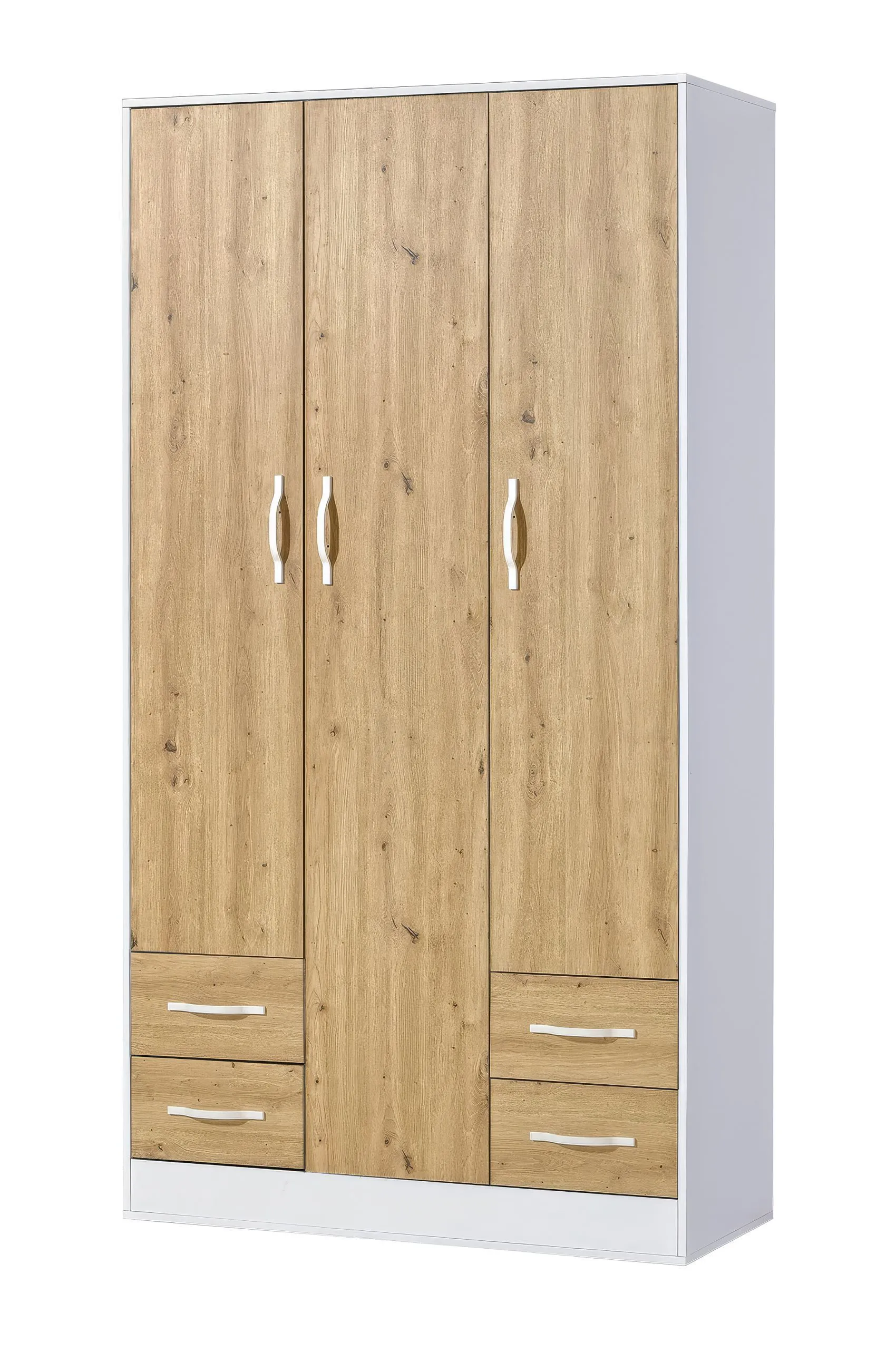Kleiderschrank | Drehtürenschrank | 3-türig | 120 x 50 x 225 cm | Farbe: Eiche / Weiß | 3 Türen | 4 Schubladen | 11 Fächer | 1 Kleiderstange