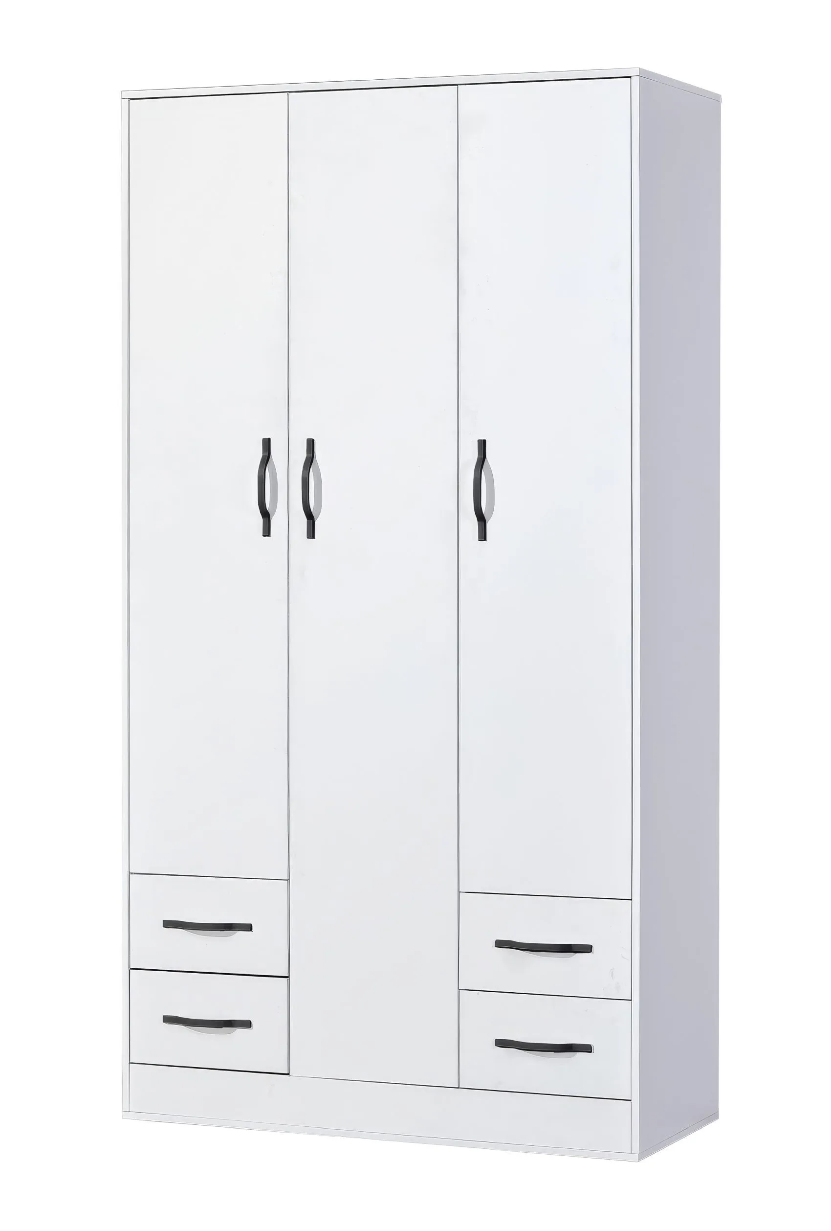 Kleiderschrank | Drehtürenschrank | 3-türig | 120 x 50 x 225 cm | Farbe: Weiß / Schwarz | 3 Türen | 4 Schubladen | 11 Fächer | 1 Kleiderstange