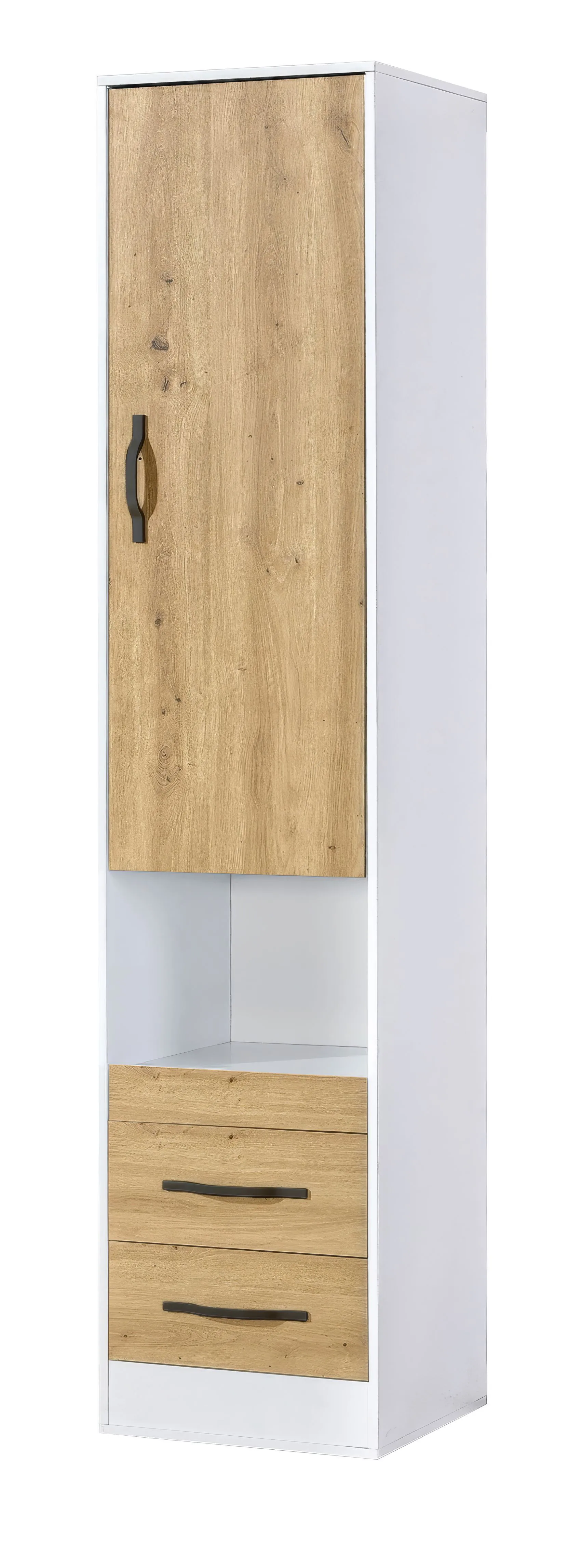 Schrank | Farbe: Eiche / Weiß / Schwarz | 50 x 50 x 225 cm | Metallgriffe | 1 Tür | 2 Schubladen | 4 Einlegeböden | 5 Fächer