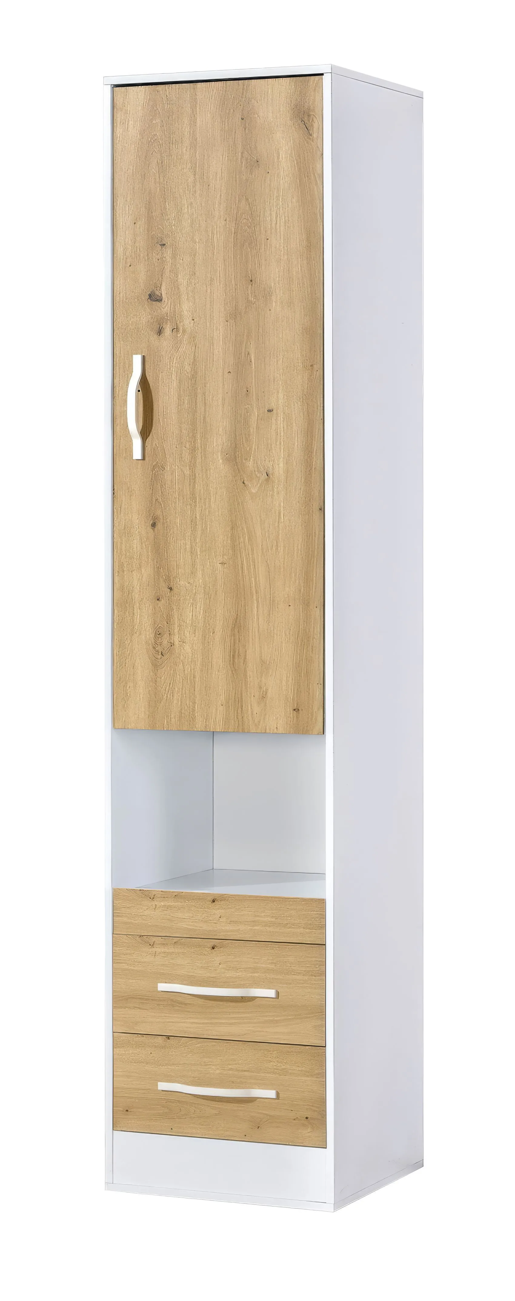 Schrank | Farbe: Eiche / Weiß | 50 x 50 x 225 cm | weiße Metallgriffe | 1 Tür | 2 Schubladen | 4 Einlegeböden | 5 Fächer