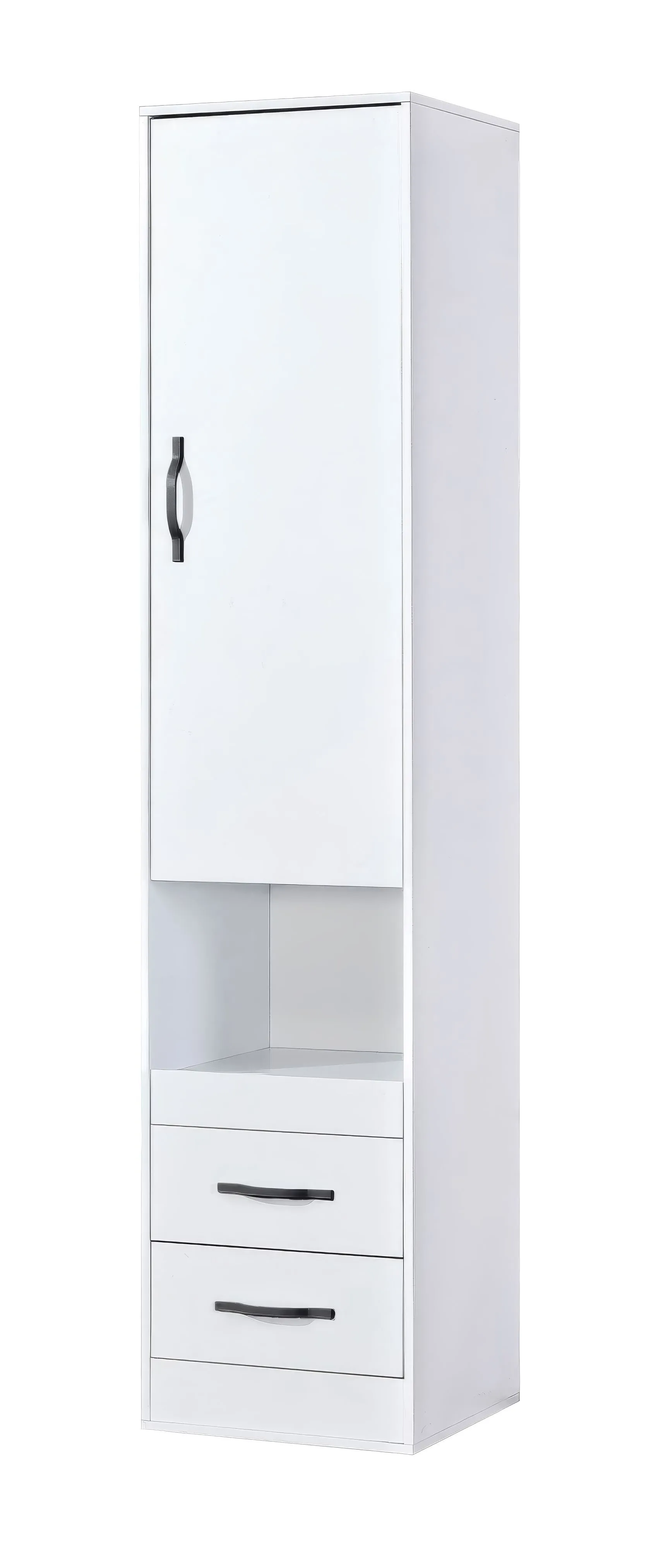 Schrank | Farbe: Weiß / Schwarz | 50 x 50 x 225 cm | Metallgriffe | 1 Tür | 2 Schubladen | 4 Einlegeböden | 5 Fächer