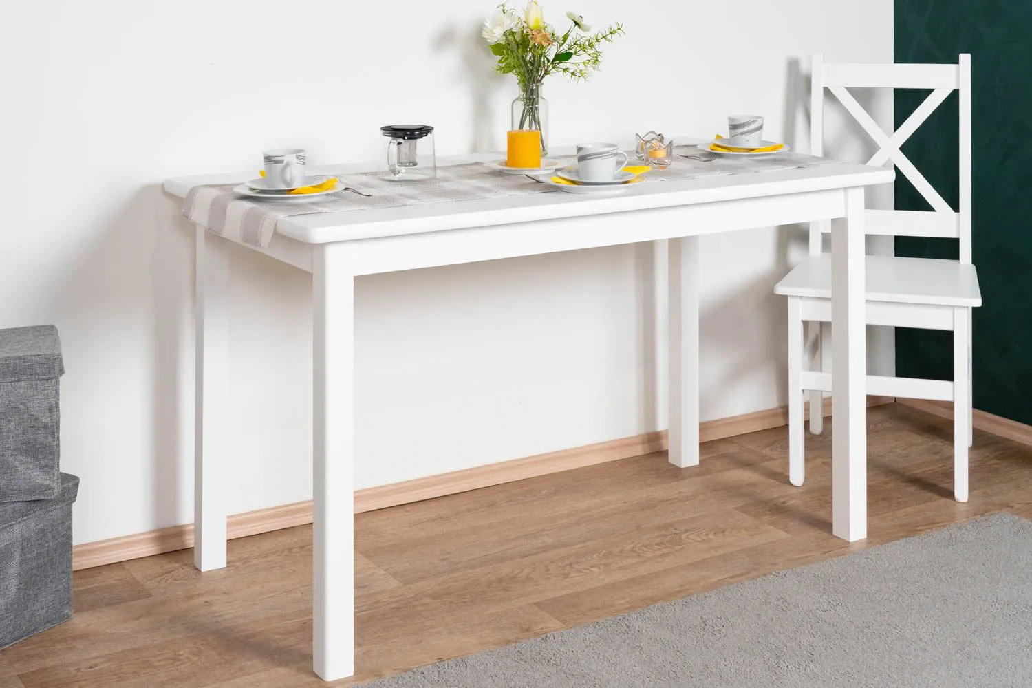 Weißer Esstisch Kiefer Vollholz Junco 228D, eckiger Tisch, 70 x 130 cm, Küchentisch, stabil und robust, einfache Montage