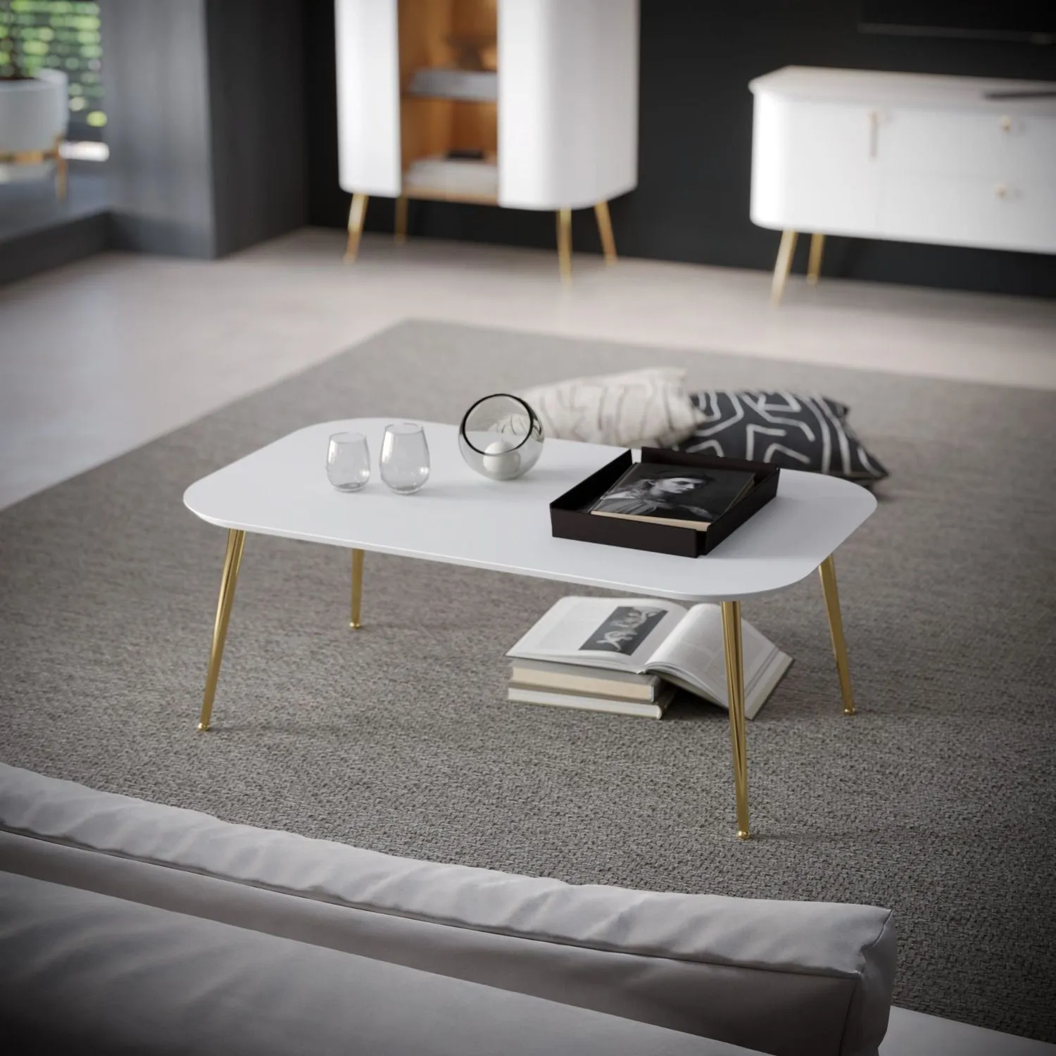 Couchtisch | Weiß matt | 110 x 65 x 42 cm | Palauli 06 | Metallbeine in Gold | Lackierung mit UV-Softmattlack