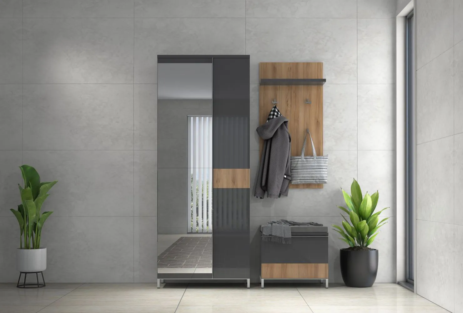 Garderoben - Set Modern, Türen Anzahl 1, Material Holzwerkstoff, Farbe Anthrazit, Vaitele, C, Set, Garderoben