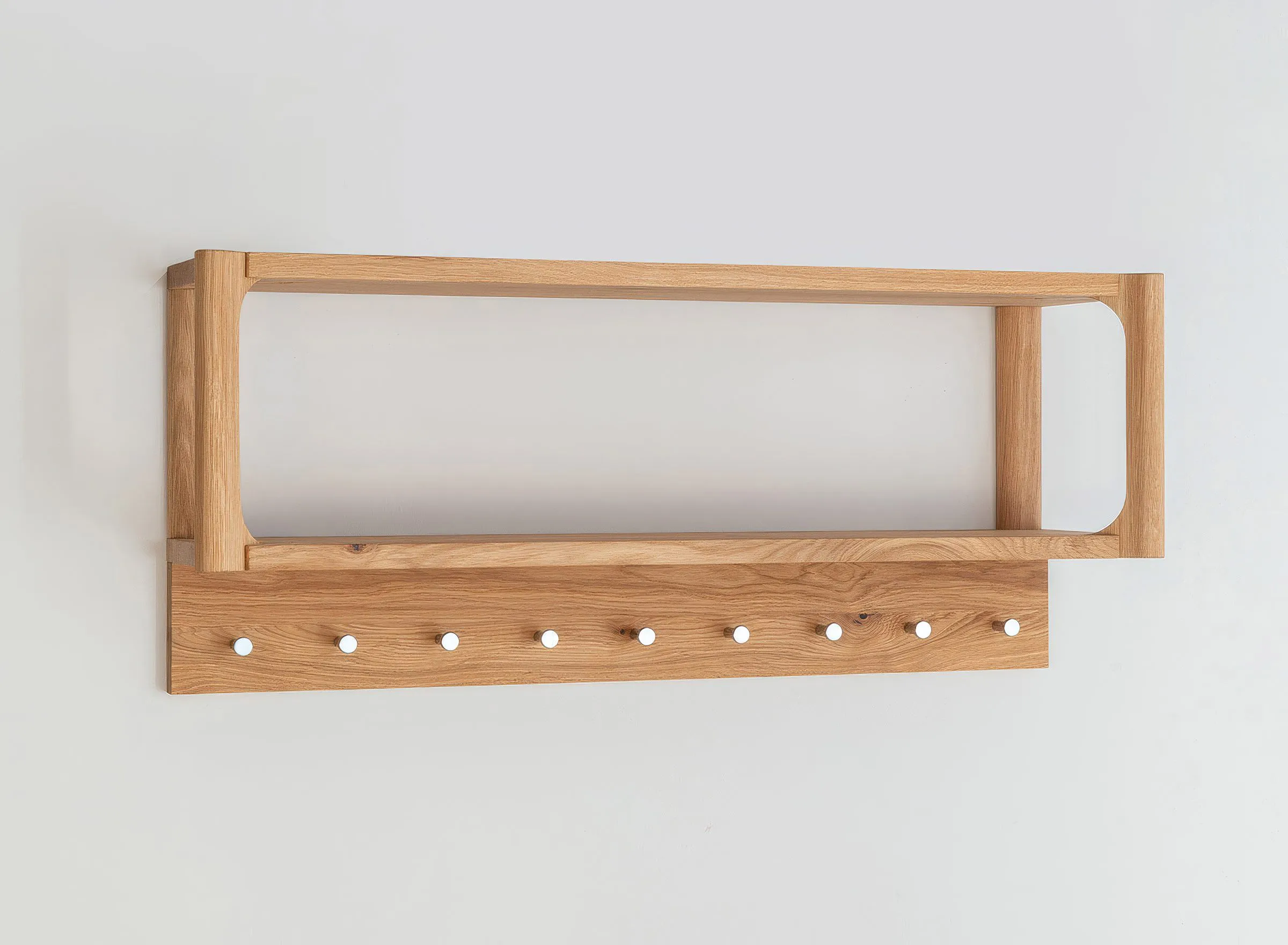 Garderobe | 9 Haken | Massivholz | Eichenholz geölt | mit Ablage | Farbe: Eiche | 83 x 22 x 36 cm