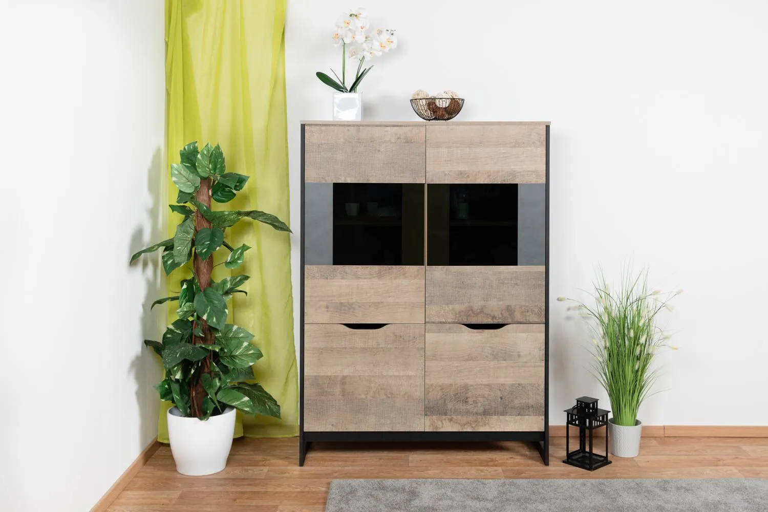 Vitrine Bassatine 02, Farbe: Eiche rustikal / Grau / Schwarz