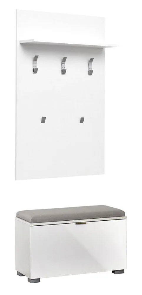 Garderobe mit Sitzbank Sabadell 04, Farbe: Weiß / Weiß Hochglanz