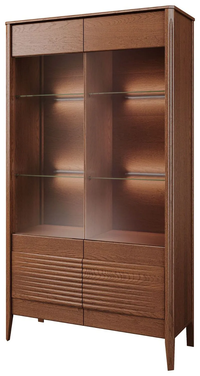 Große Vitrine Gorica 01 mit LED-Beleuchtung, in Eiche Rustikal, 201 x 111 x 45 cm, teilmassiv, Antisol-Glas Bronze, Soft Close System