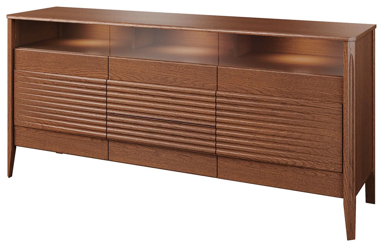 Breite Kommode mit 2 Türen und 2 Schubladen Gorica 08, in Eiche Rustikal, 85 x 180 x 50 cm, inklusive LED-Beleuchtung, Soft Close System, teilmassiv, Antisol-Glas Bronze