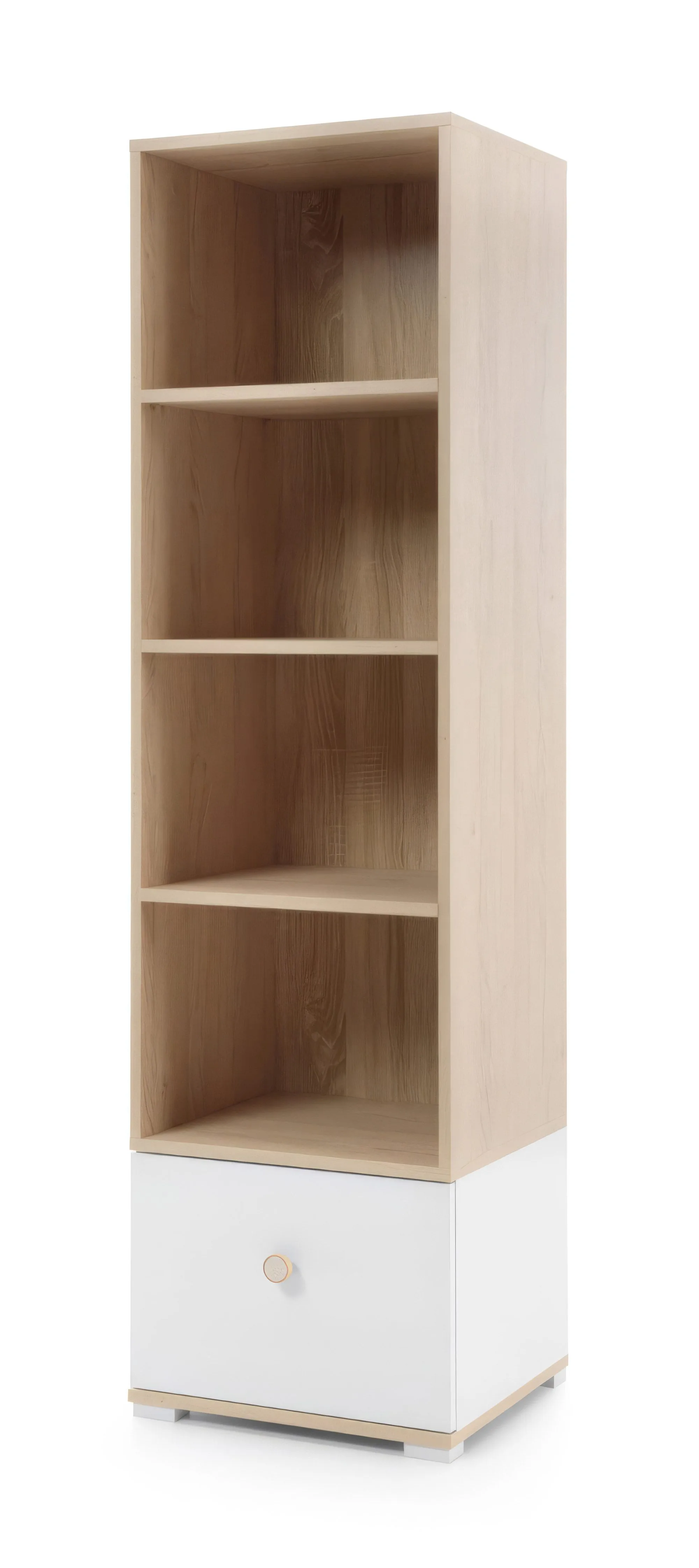 Schlichtes Regal mit Schublade Asbeek 02, Eiche / Weiß, 165 x 45 x 40 cm, mit 4 Fächern, Kinderzimmerregal, mit ABS-Kanten