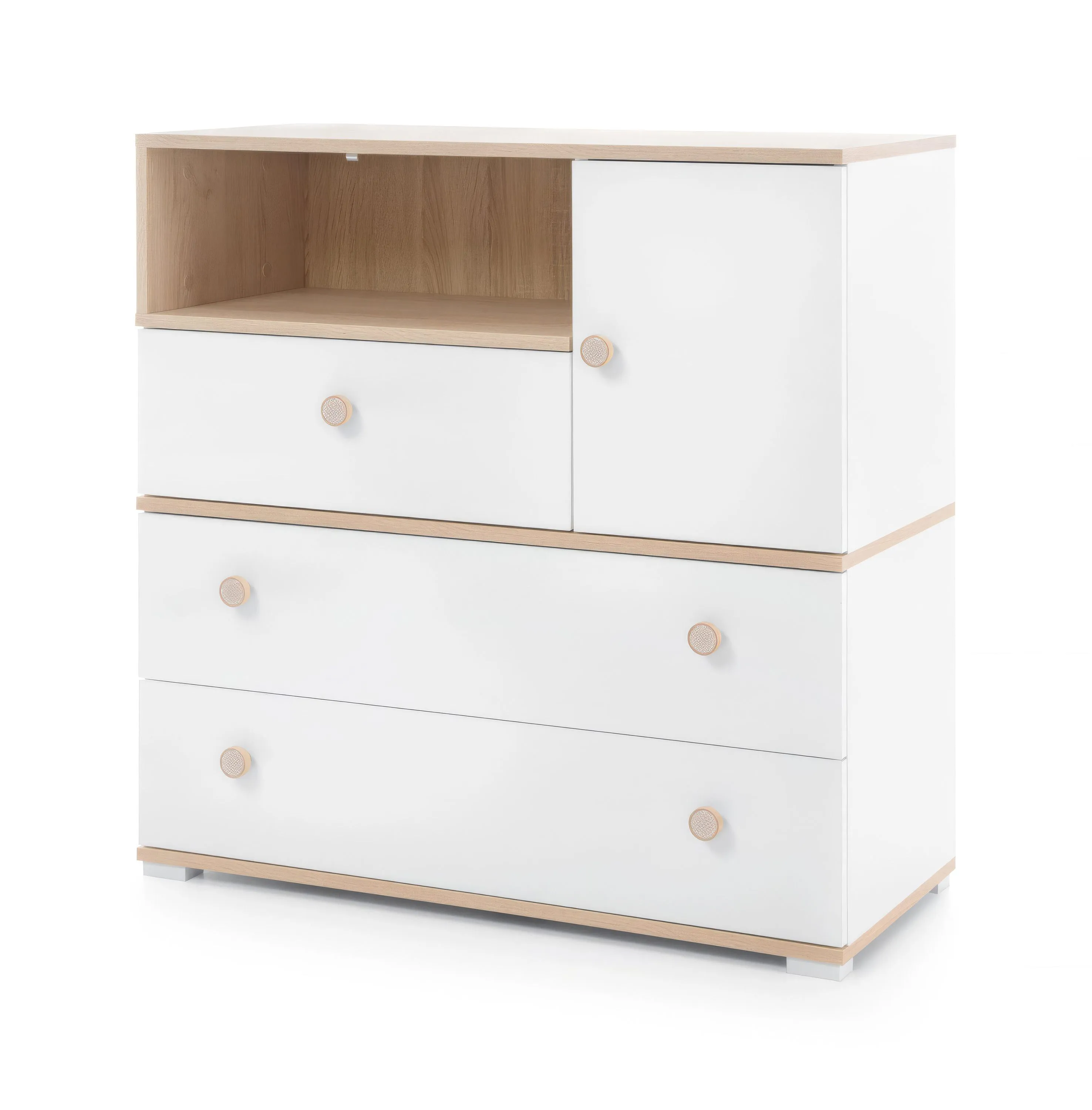 Kommode Asbeek 04 in Eiche / Weiß, für Kinderzimmer, 90 x 90 x 40 cm, mit 1 Tür, 3 Schubladen und 3 Fächern, ABS-Kanten, schlichtes Design