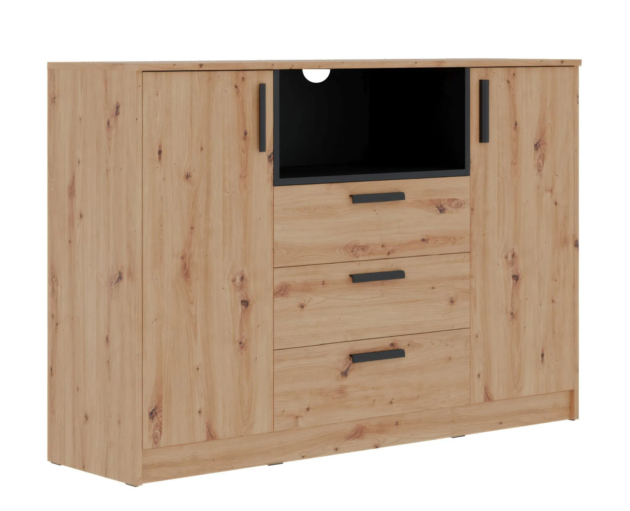 Kommode | Fafe 05 | 137 x 40 x 95 cm | Eiche Artisan / Schwarz | 2 Türen | Zweifarbig | 3 Schubladen | 7 Fächer | Soft Close System