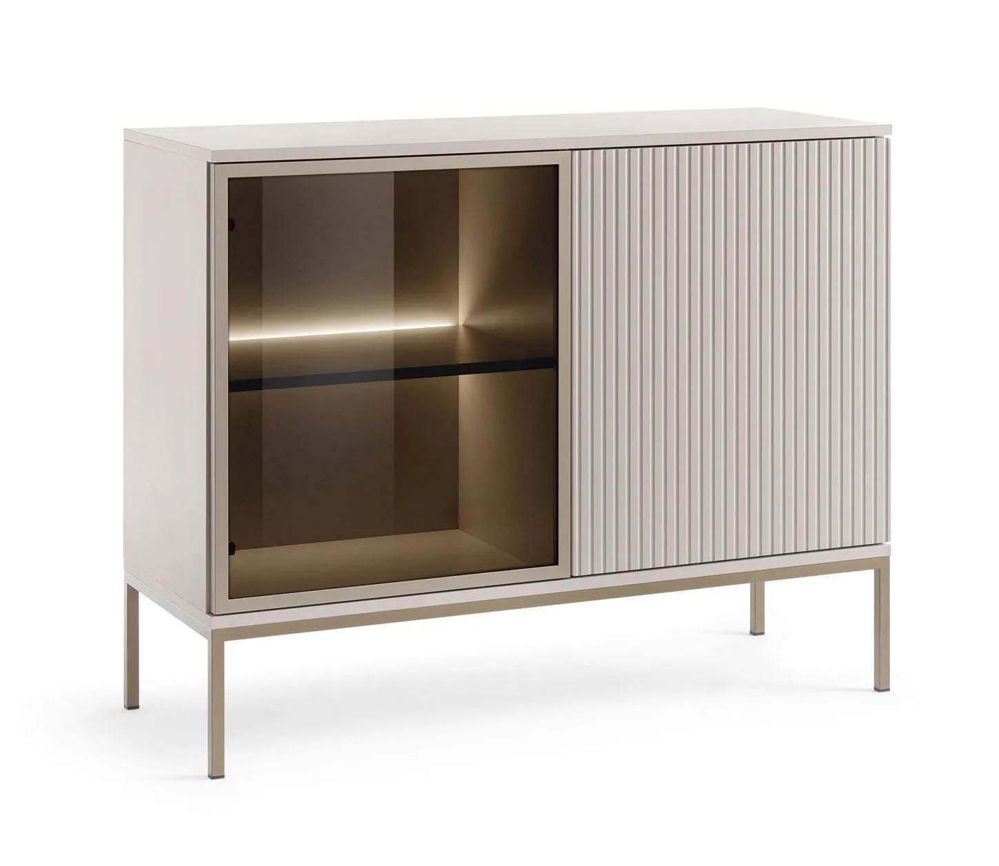 Edle Kommode mit Glastür, in Kaschmir, 83 x 104 x 39 cm, mit 4 geräumigen Fächern, inkl. LED-Beleuchtung, Push-to-open Funktion, 2 Türen