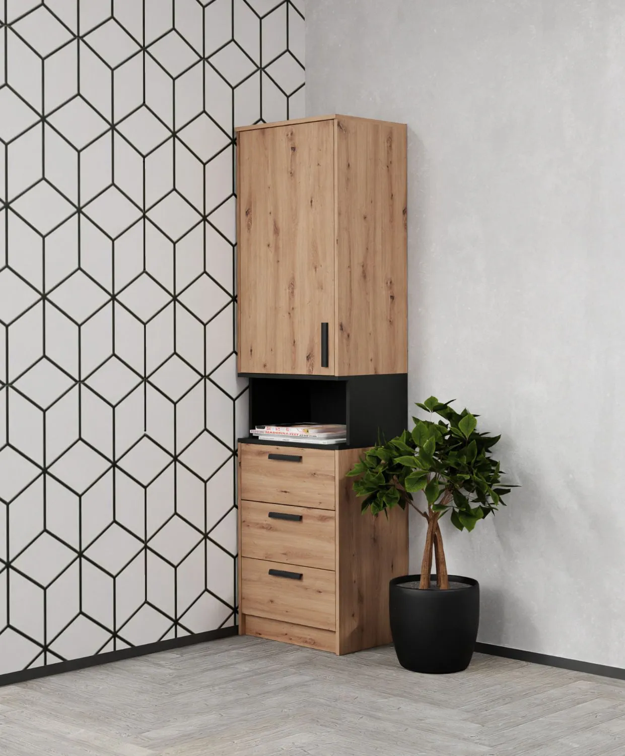Schrank | Fafe 06 | 195 x 52 x 40 cm | Soft Close | Holzoptik | Eiche Artisan / Schwarz | 1 Tür | 1 offenes Fach | 3 Schubladen | 4 Fächer