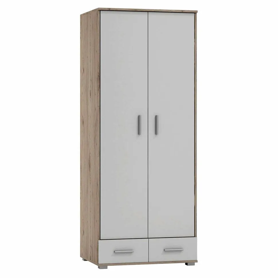 Schmaler Kleiderschrank | 2 Drehtüren | 2 Schubladen | mit Kleiderstange | 80 cm breit | Massivholz