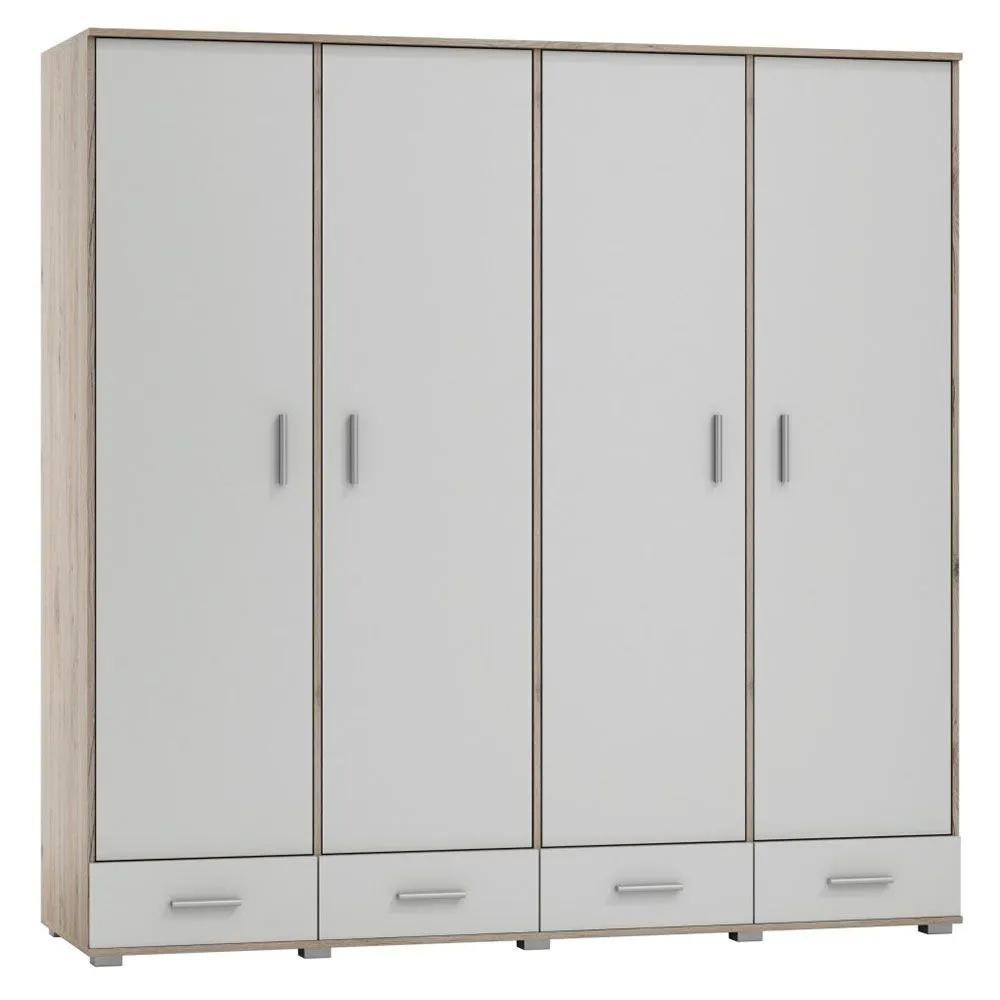 200 cm breiter Kleiderschrank mit 4 Türen, 10 Fächern und 4 Schubladen | Farbe: Eiche / Weiß