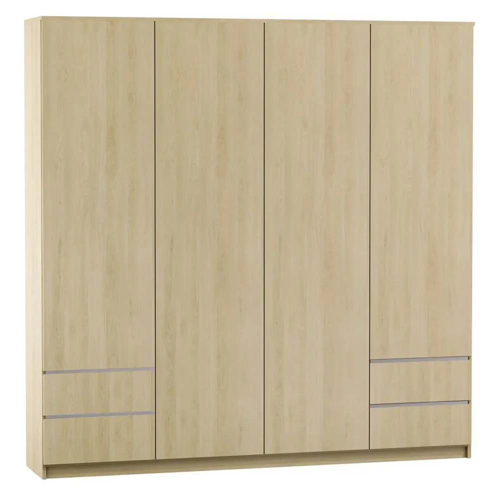 200 cm breiter Kleiderschrank mit 4 Türen, 10 Fächern und 4 Schubladen | Farbe: Buche / Weiß