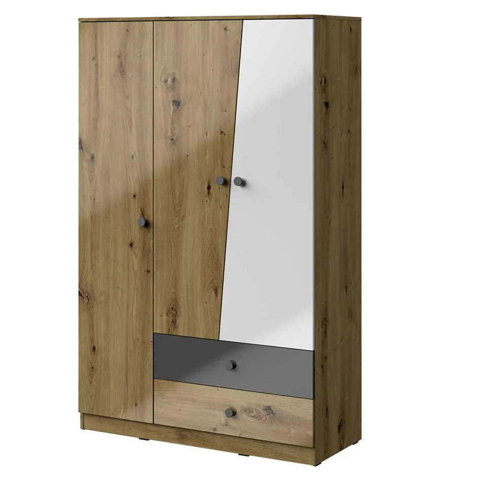 120 cm breiter Kleiderschrank mit 3 Türen, 6 Fächern und 2 Schubladen | Farbe: Eiche