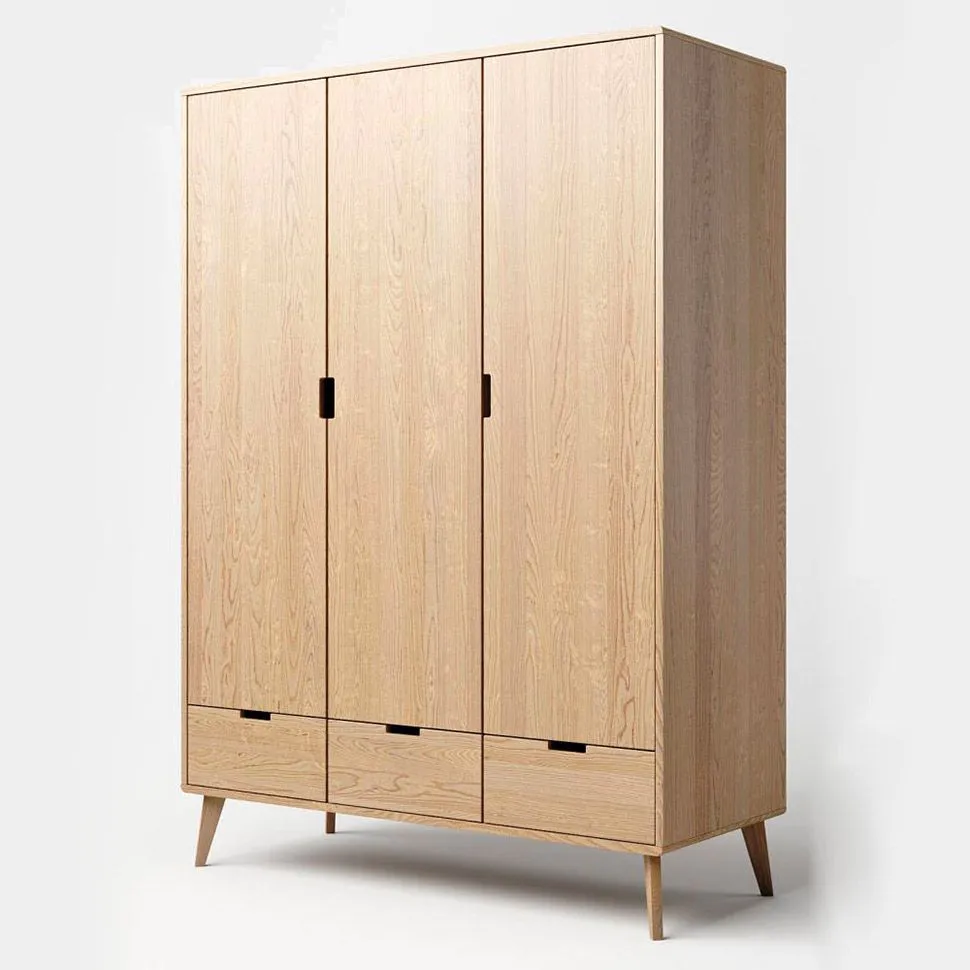 142 cm breiter Kleiderschrank mit 3 Türen, 5 Fächern und 3 Schubladen aus Massiv-Holz | Farbe: Natur