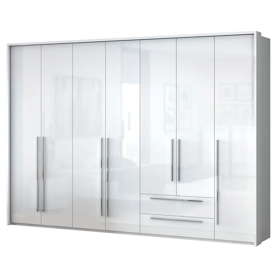 Großer Kleiderschrank | 7 Drehtüren | 2 Schubladen | 10 Fächer | mit 4 Kleiderstangen | 322 cm breit