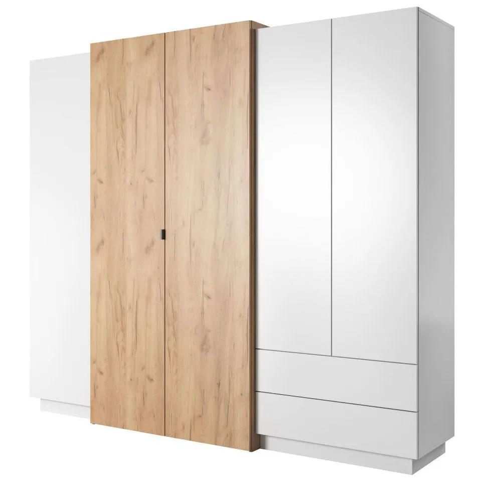 230 cm breiter Kleiderschrank mit 5 Türen, 8 Fächern und 2 Schubladen | Farbe: Eiche / Weiß