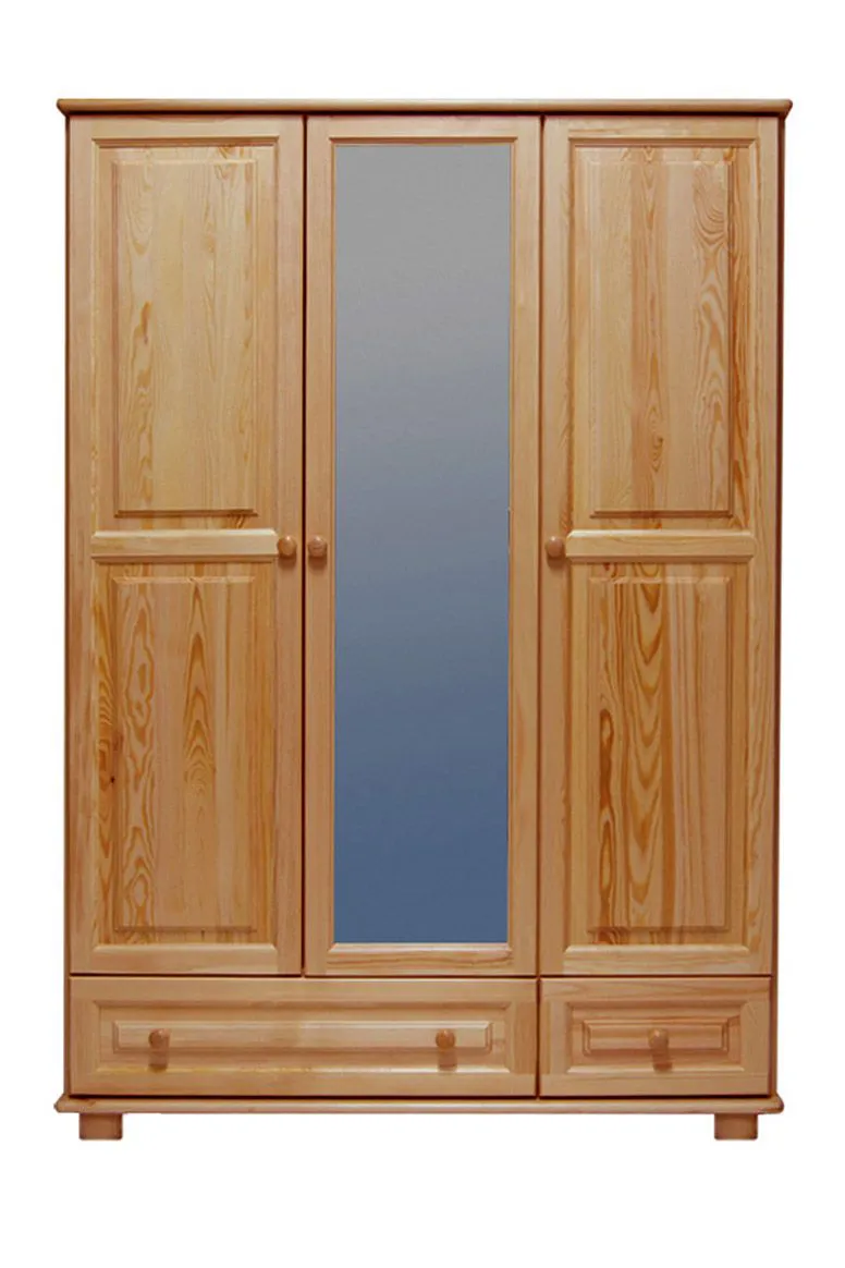120 cm breiter Kleiderschrank mit 3 Türen, 4 Fächern und 2 Schubladen aus Massiv-Holz | Farbe: Natur