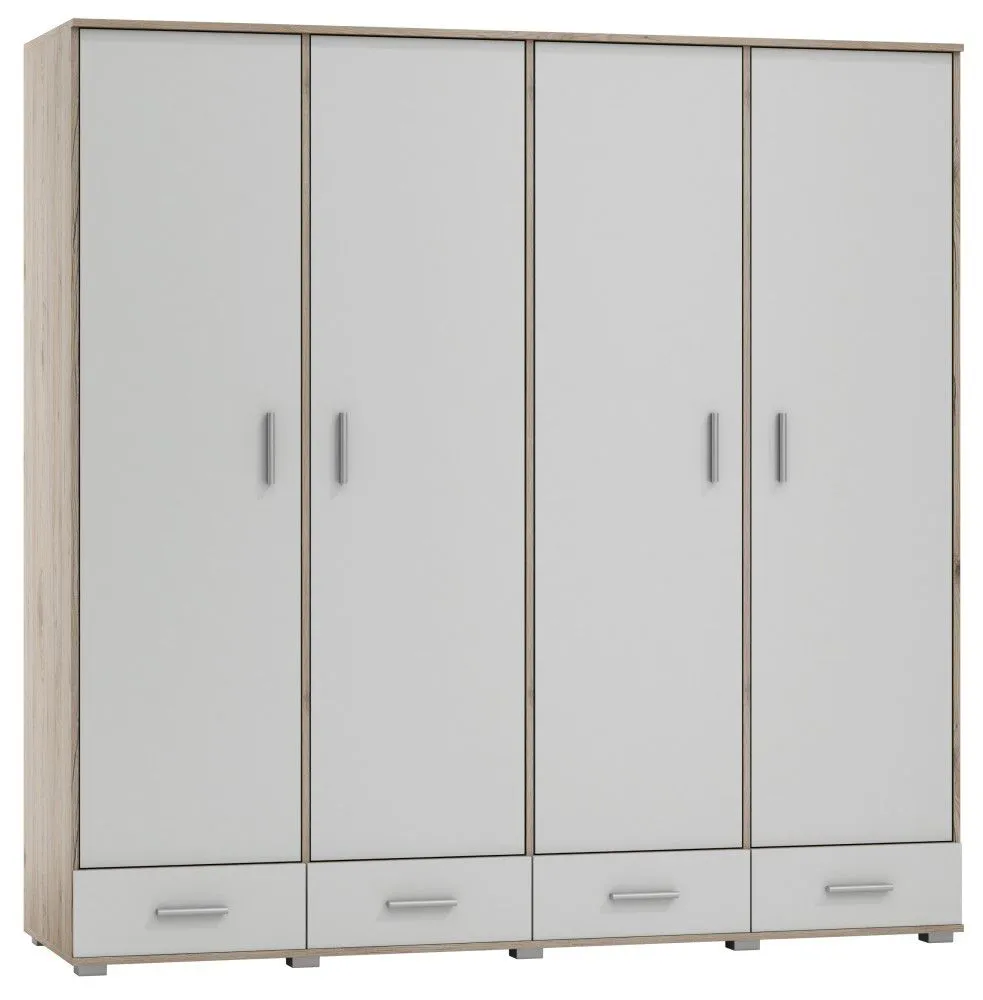 200 cm breiter Kleiderschrank mit 4 Türen, 10 Fächern und 4 Schubladen | Farbe: Eiche / Weiß