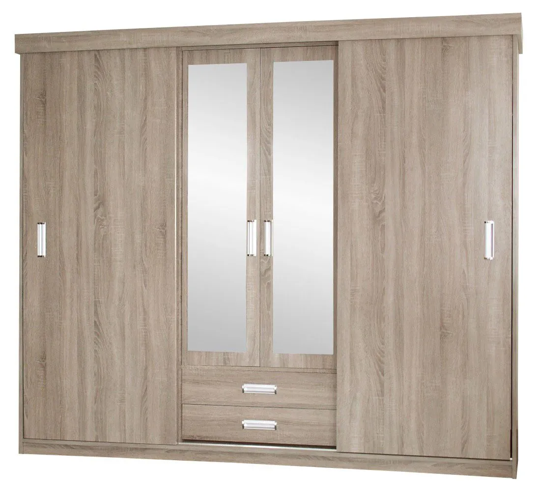 230 cm breiter Kleiderschrank mit 4 Türen, 5 Fächern und 2 Schubladen | Farbe: Sonoma Eiche