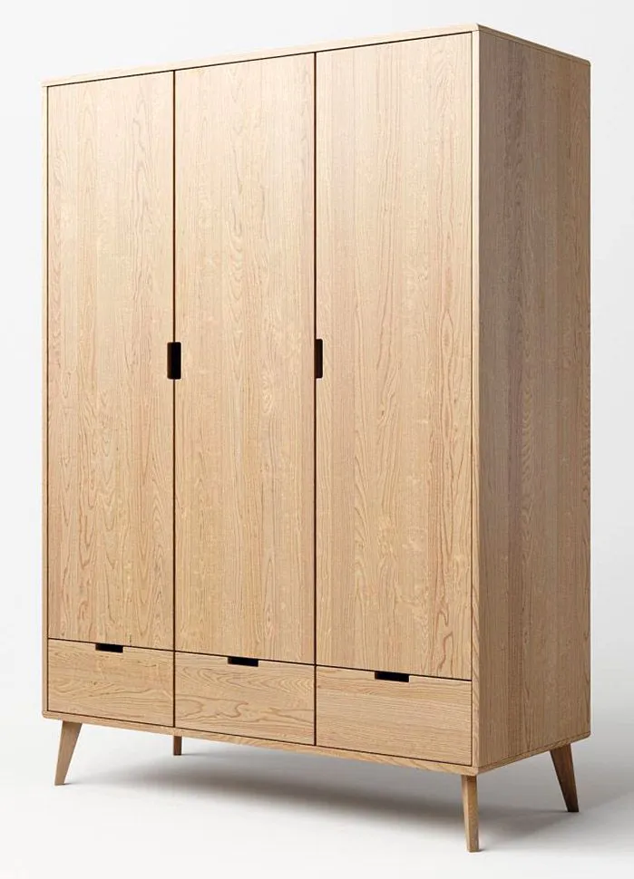 142 cm breiter Kleiderschrank mit 3 Türen, 5 Fächern und 3 Schubladen aus Massiv-Holz | Farbe: Natur