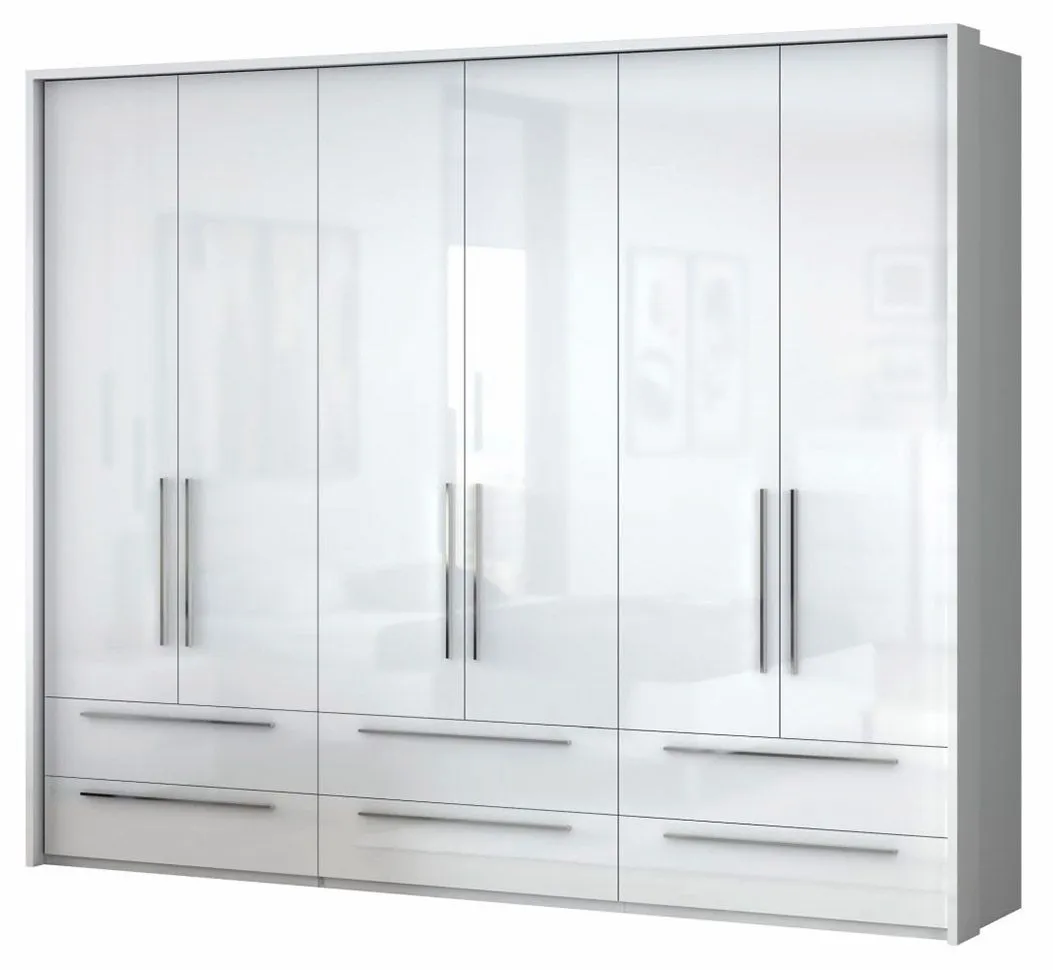 Großer Kleiderschrank | 6 Drehtüren | 6 Schubladen | 3 Fächer | mit 3 Kleiderstangen | 277 cm breit