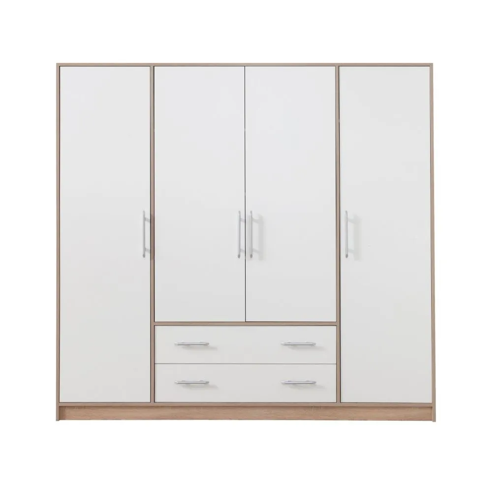 2 Meter breiter Kleiderschrank mit 4 Türen, 8 Fächern und 2 Schubladen | Farbe: Weiß