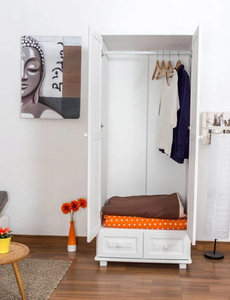 Schmaler Kleiderschrank | 2 Drehtüren | 2 Schubladen | 1 Fach | mit Kleiderstange | 80 cm breit | Massivholz