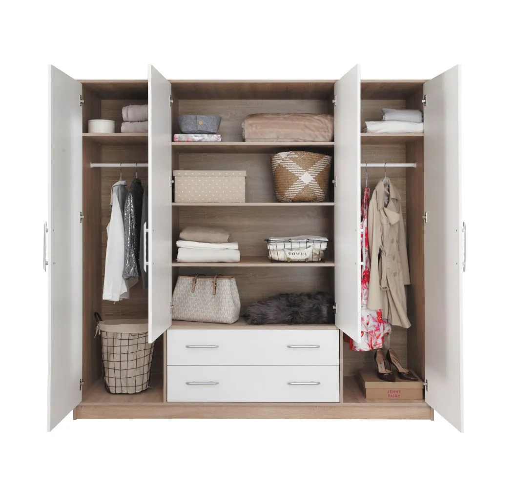 200 cm breiter Kleiderschrank mit 4 Türen, 8 Fächern und 2 Schubladen | Farbe: Weiß