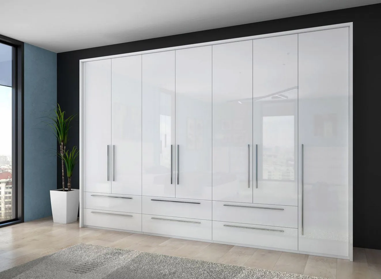 Großer Kleiderschrank | 7 Drehtüren | 6 Schubladen | 6 Fächer | mit 4 Kleiderstangen | 322 cm breit