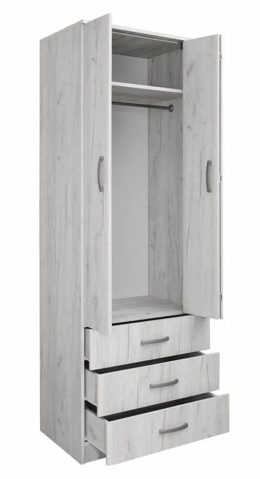 Schmaler Kleiderschrank | 2 Drehtüren | 3 Schubladen | 1 Fach | mit Kleiderstange | 75 cm breit