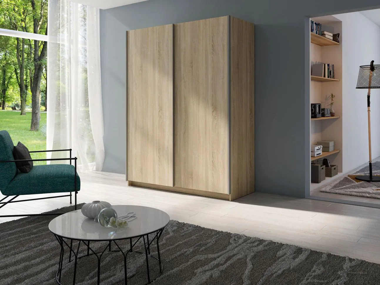 180 cm breiter Kleiderschrank mit 5 Fächern und 2 Türen | Farbe: Eiche, Türen Anzahl 2, Höhe (cm) 198, Länge/Tiefe (cm) 180, Breite (cm) 60, Material Holzwerkstoff, Farbe Eiche, 180 cm breiter Kleiderschrank mit 5 Fächern und 2 Türen